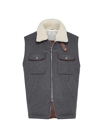 Bonded Wool Flannel Down Vest with Detachable Shearling Insert