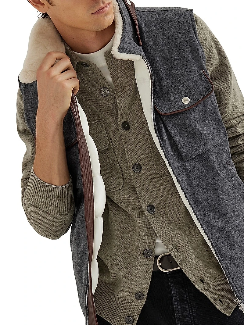 Bonded Wool Flannel Down Vest with Detachable Shearling Insert