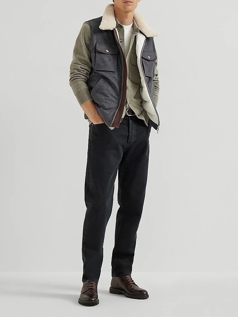 Bonded Wool Flannel Down Vest with Detachable Shearling Insert