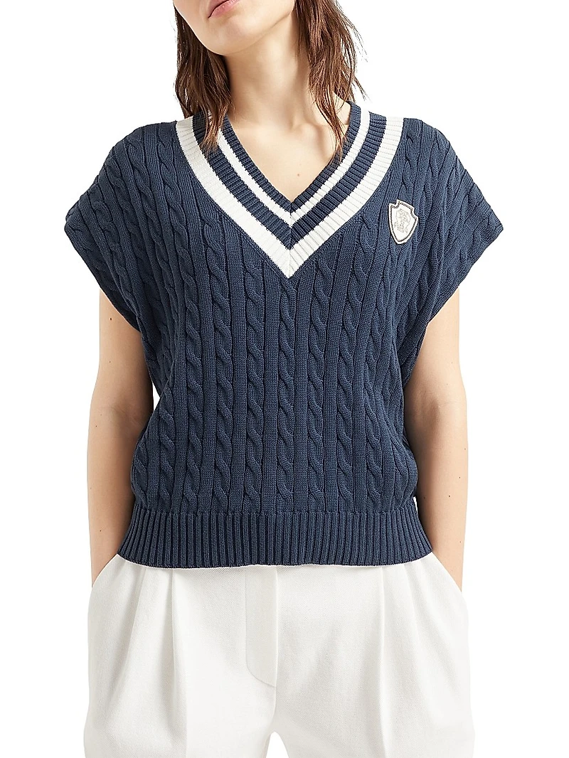 Cotton Cable Knit T-Shirt with Logo