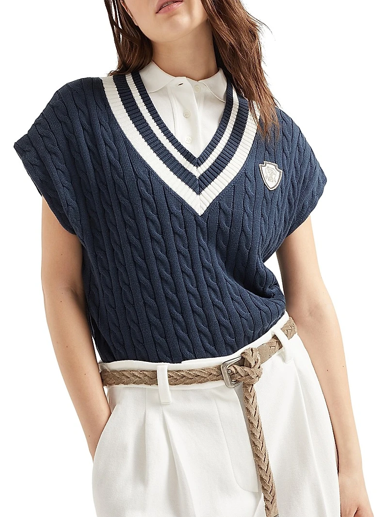 Cotton Cable Knit T-Shirt with Logo