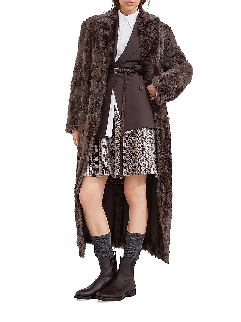 Wavy Shearling Coat with Monili