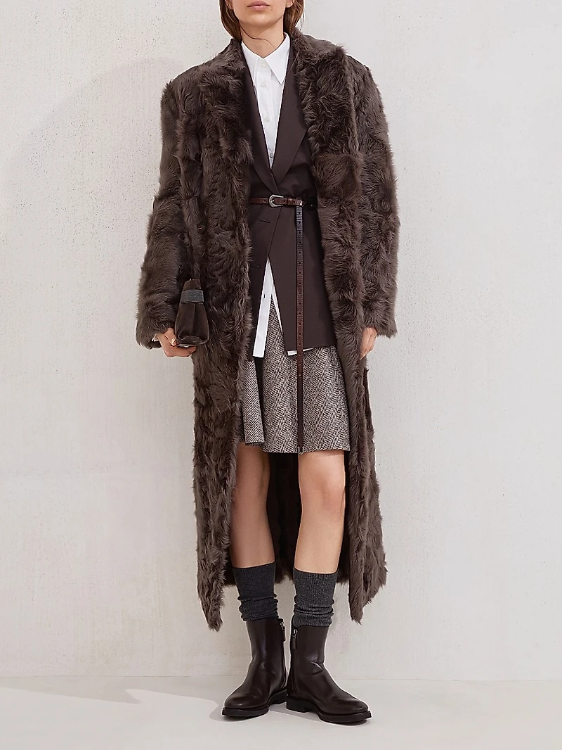 Wavy Shearling Coat with Monili