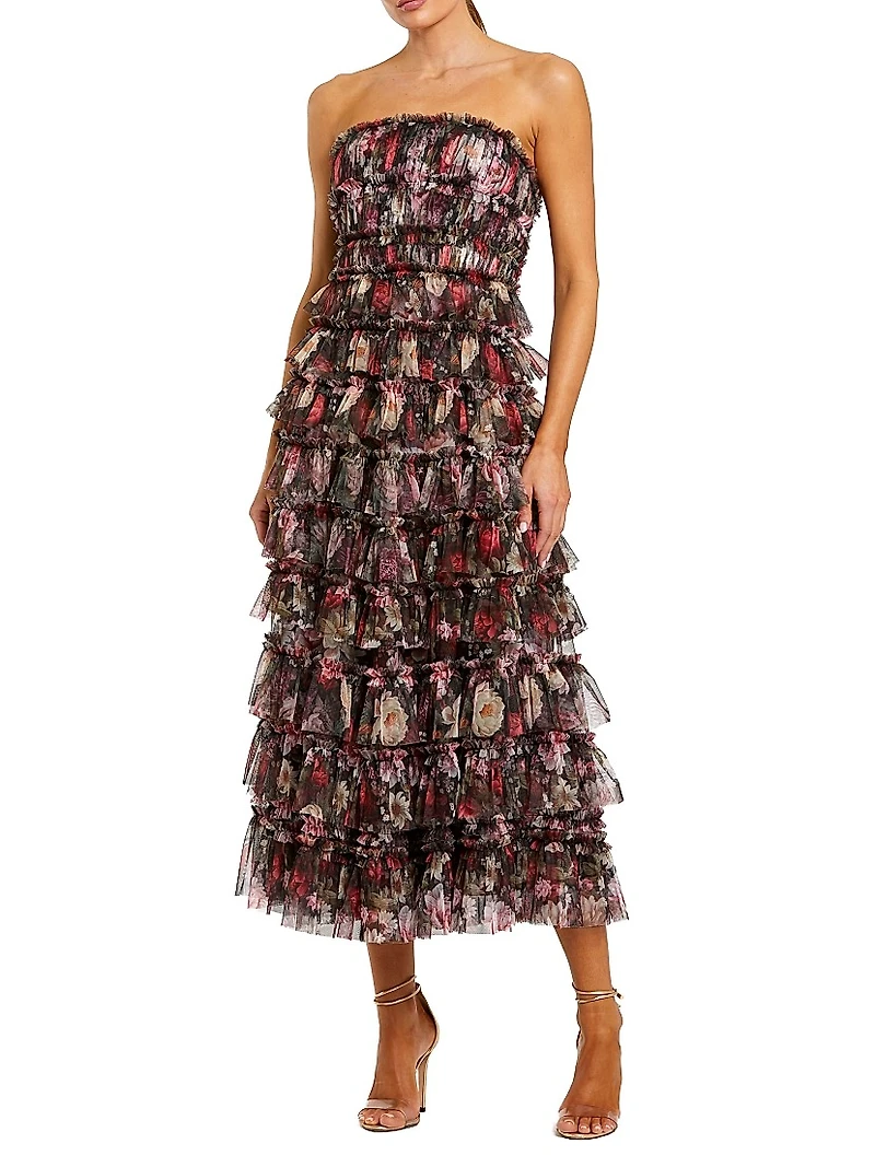Tiered Ruffled Floral Strapless A-Line Midi-Dress