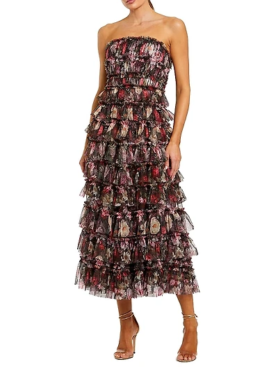 Tiered Ruffled Floral Strapless A-Line Midi-Dress