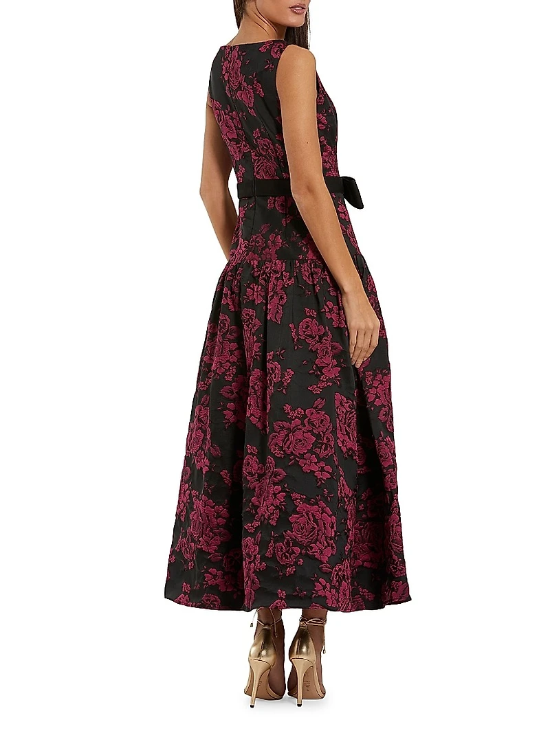 Satin Bow-Waist Floral Brocade Midi-Dress