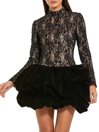 Sequined Lace & Velvet Bubble-Hem Minidress