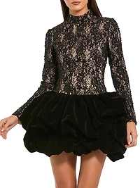 Sequined Lace & Velvet Bubble-Hem Minidress