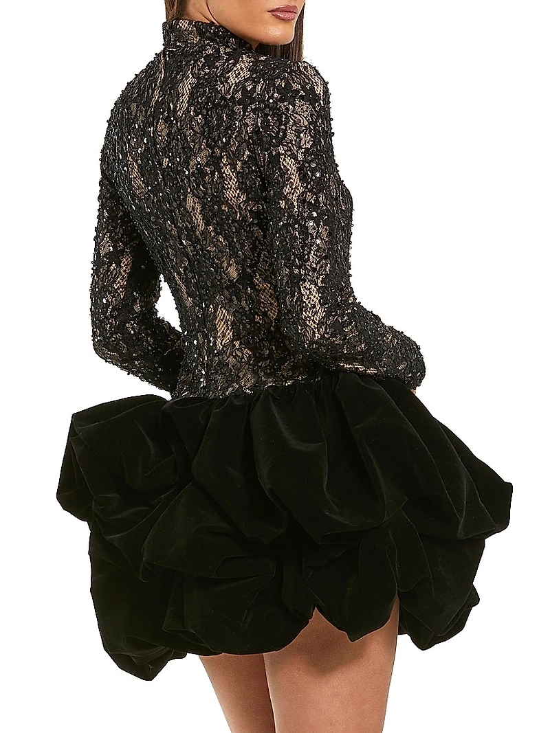 Sequined Lace & Velvet Bubble-Hem Minidress