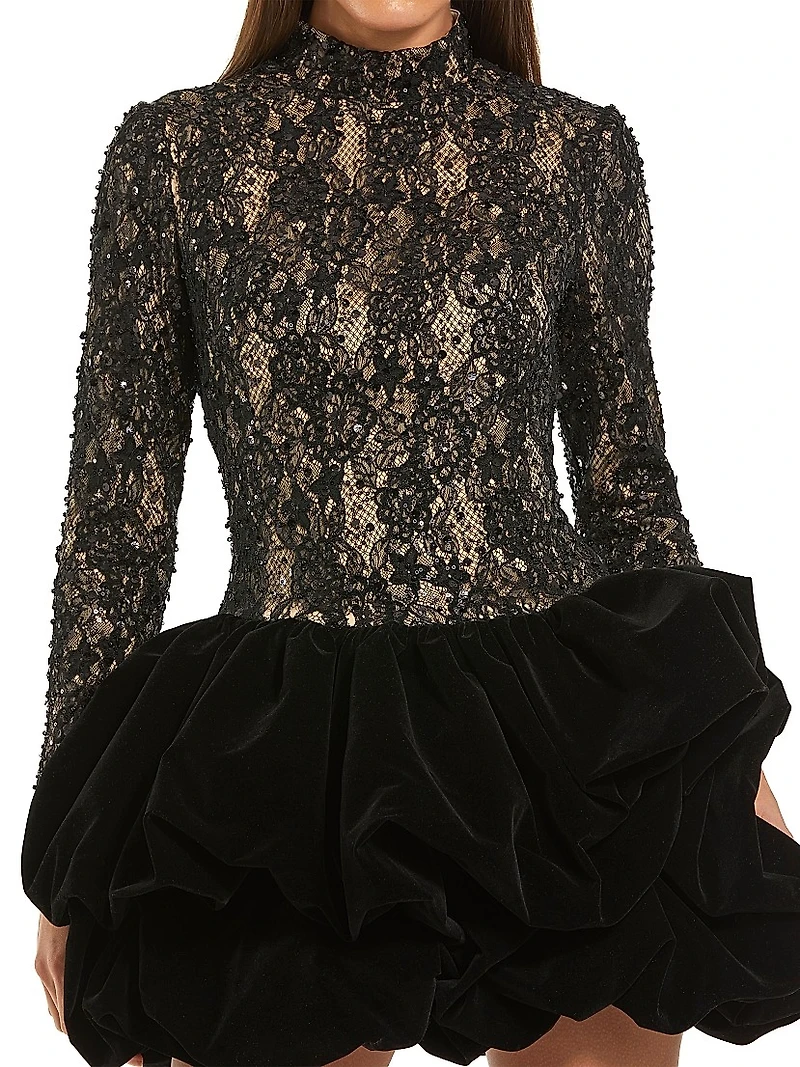 Sequined Lace & Velvet Bubble-Hem Minidress