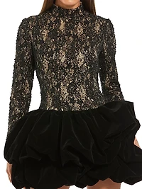 Sequined Lace & Velvet Bubble-Hem Minidress