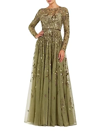 Embellished Floral-Embroidered Mesh Gown