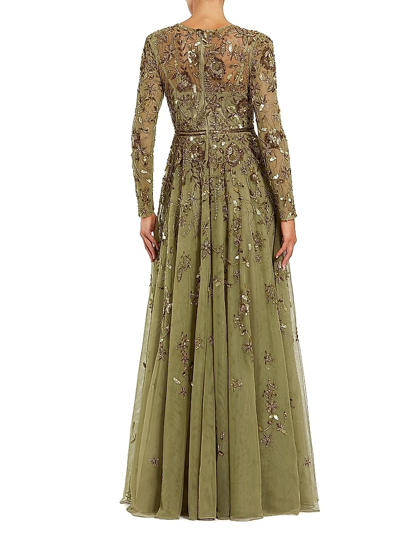 Embellished Floral-Embroidered Mesh Gown