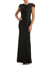 Bead-Embellished Floral-Appliquéd Jersey Gown