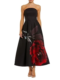 Floral Crepe Strapless Cocktail Dress