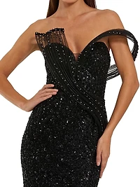 Crystal-Embellished Sequined Asymmetric Gown