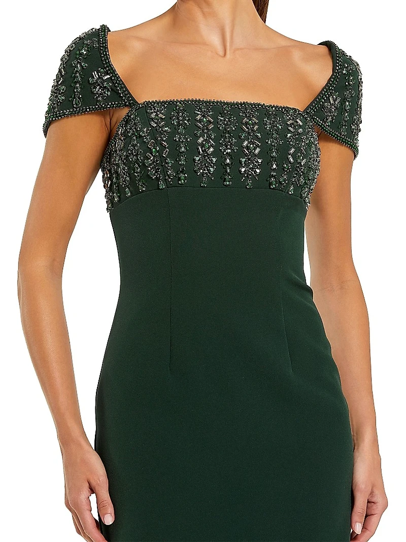 Embellished-Trimmed Cap Sleeve Crepe Midi-Dress