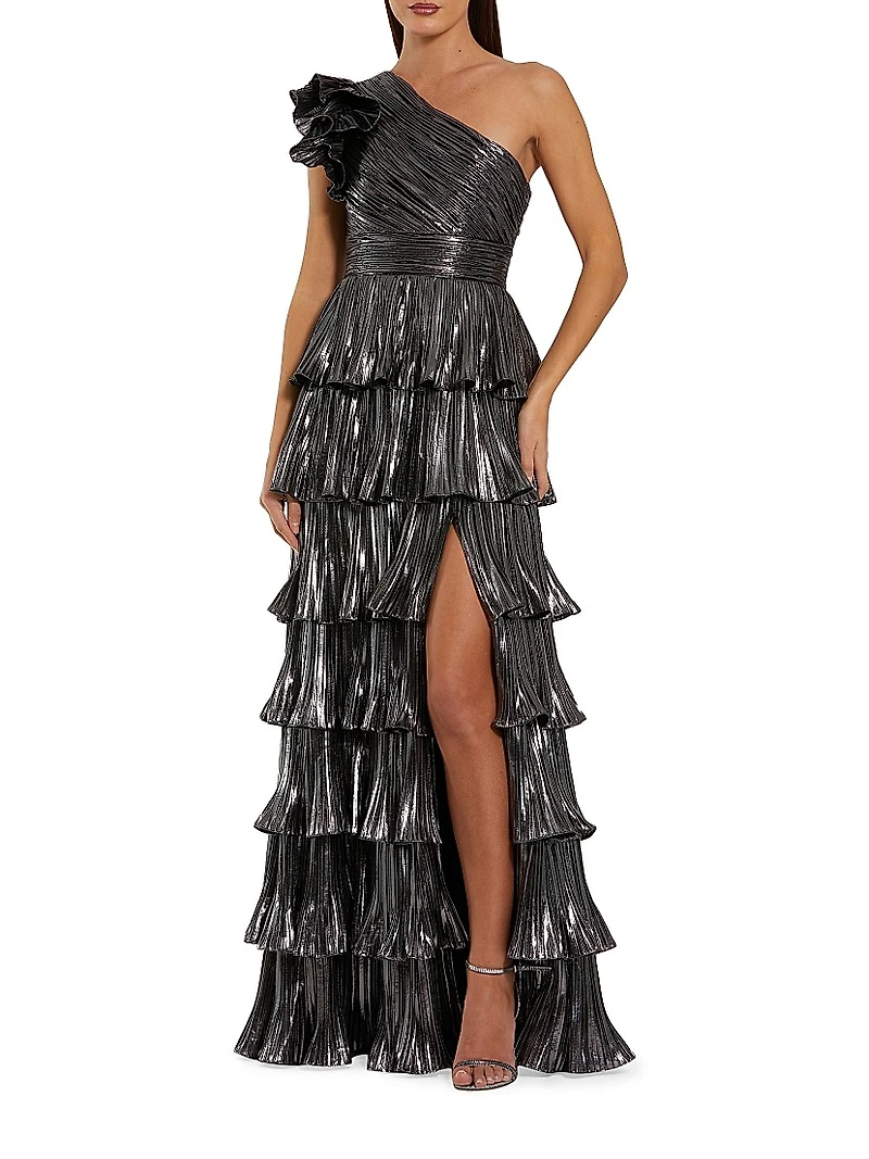 One-Shoulder Ruffled Metallic Gown