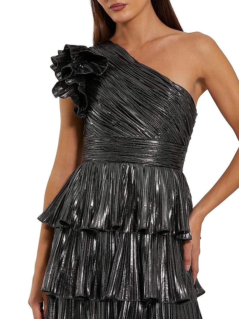 One-Shoulder Ruffled Metallic Gown