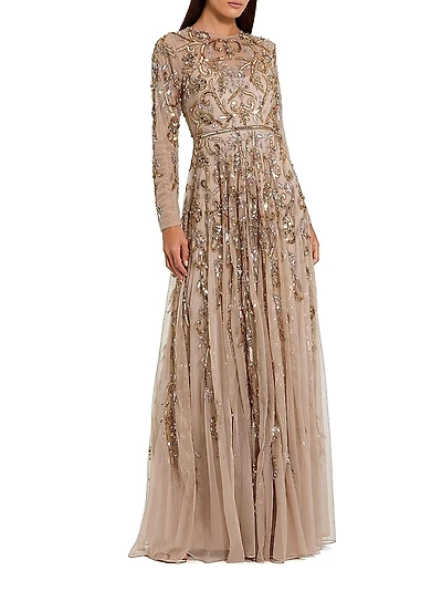 Sequin & Bead-Embellished Chiffon Gown