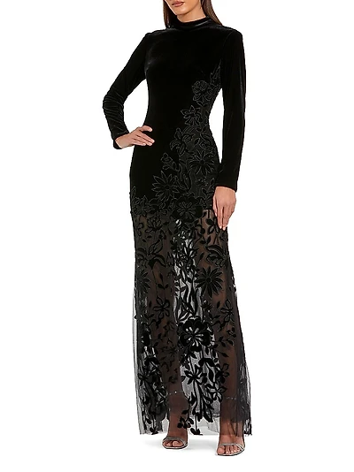 Floral Mixed-Media Long-Sleeve Gown