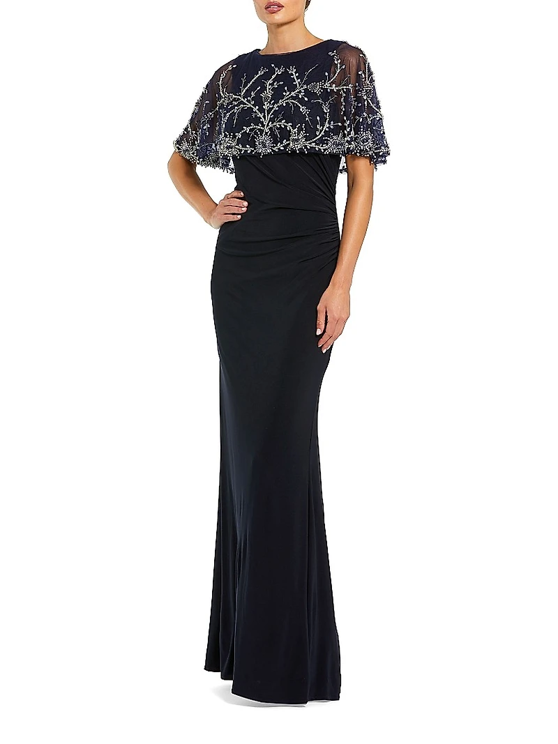 Crystal & Bead-Embellished Capelet Gown