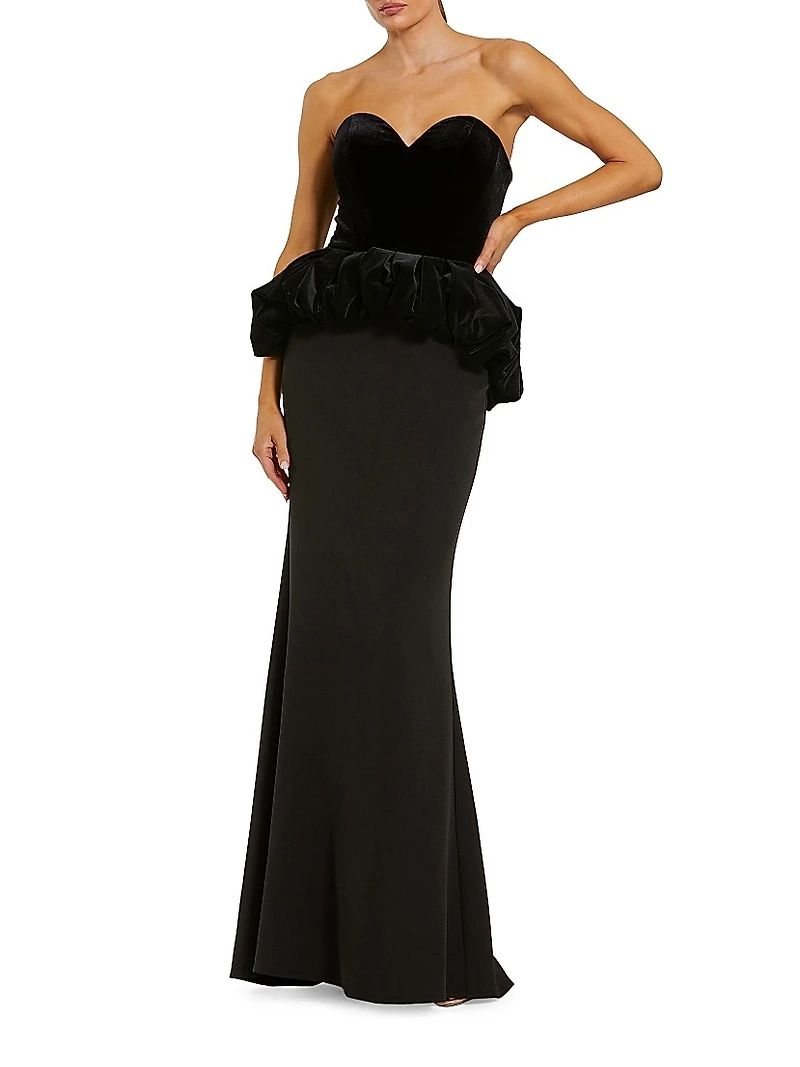 Mixed-Media Strapless Peplum Gown