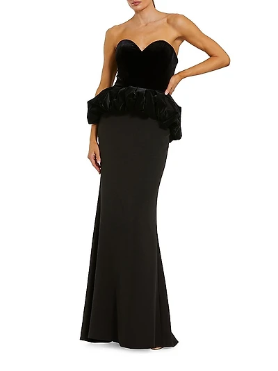 Mixed-Media Strapless Peplum Gown
