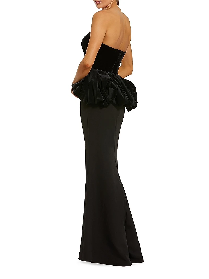 Mixed-Media Strapless Peplum Gown