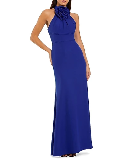Rosette Sleeveless Crepe Column Gown