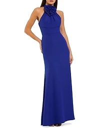 Rosette Sleeveless Crepe Column Gown