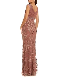 Floral-Beaded Chiffon V-Neck Gown