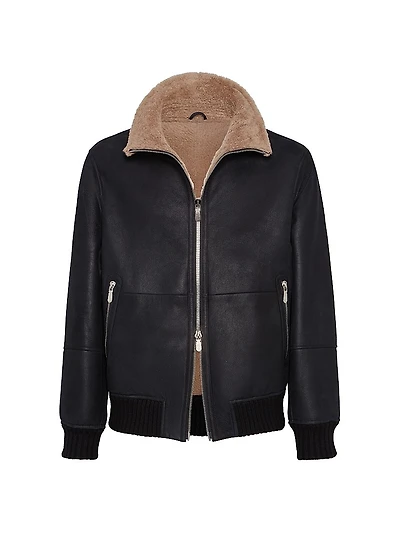 Nubuck Effect Shearling Bomber Jacket With Cashmere Knit Collar