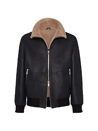 Nubuck Effect Shearling Bomber Jacket With Cashmere Knit Collar
