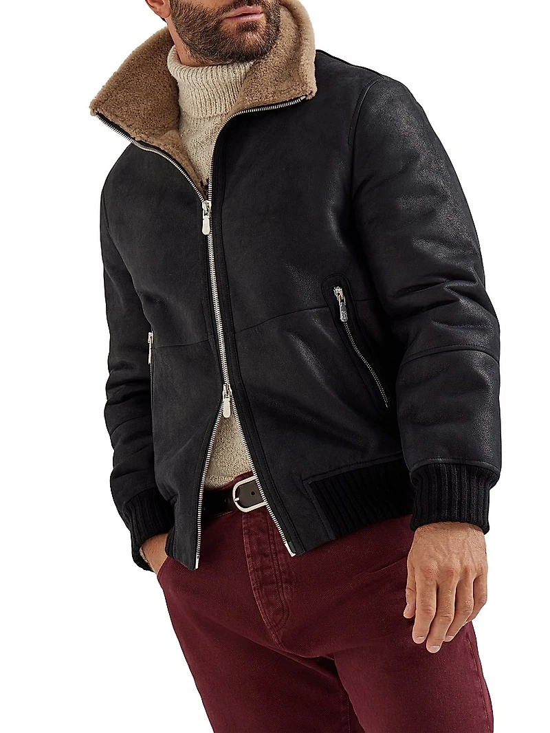 Nubuck Effect Shearling Bomber Jacket With Cashmere Knit Collar