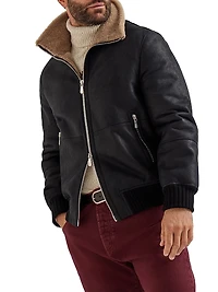 Nubuck Effect Shearling Bomber Jacket With Cashmere Knit Collar