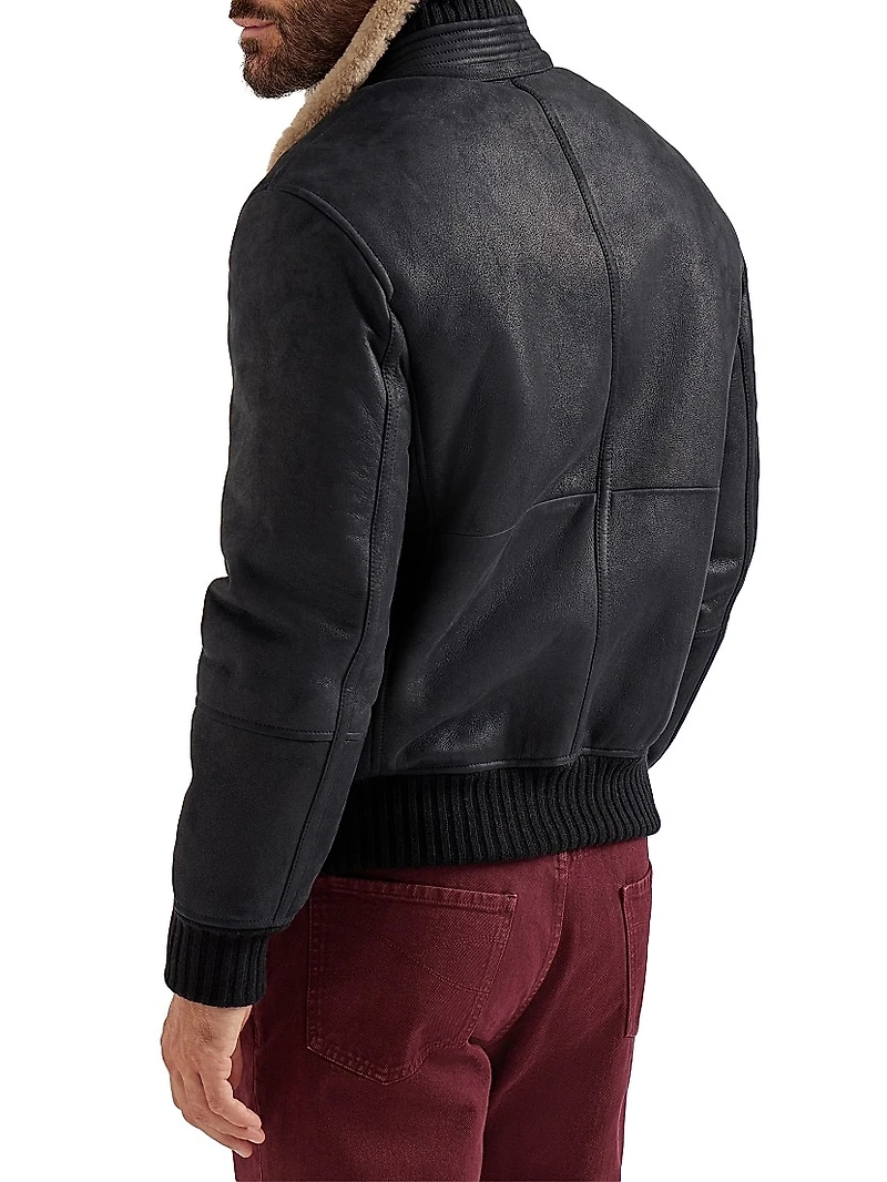 Nubuck Effect Shearling Bomber Jacket With Cashmere Knit Collar