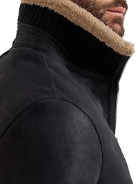 Nubuck Effect Shearling Bomber Jacket With Cashmere Knit Collar