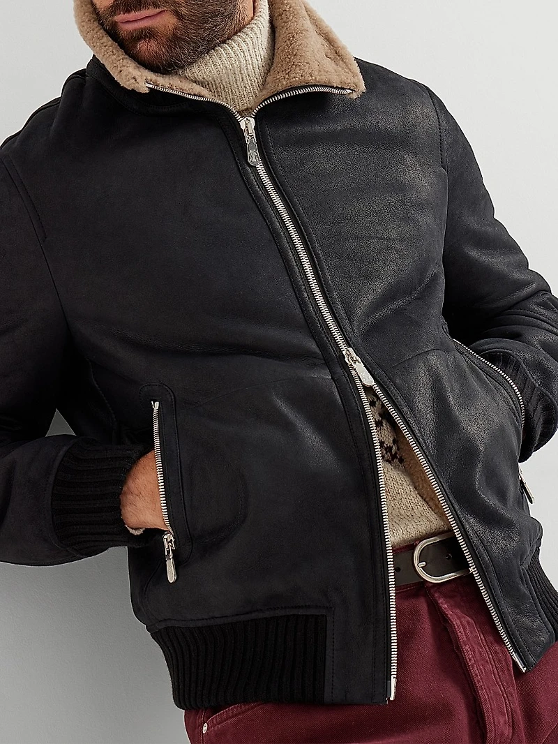 Nubuck Effect Shearling Bomber Jacket With Cashmere Knit Collar