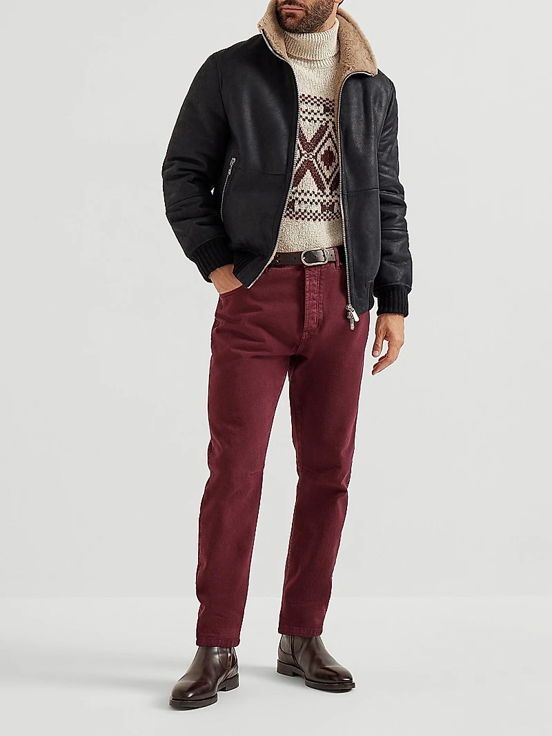 Nubuck Effect Shearling Bomber Jacket With Cashmere Knit Collar