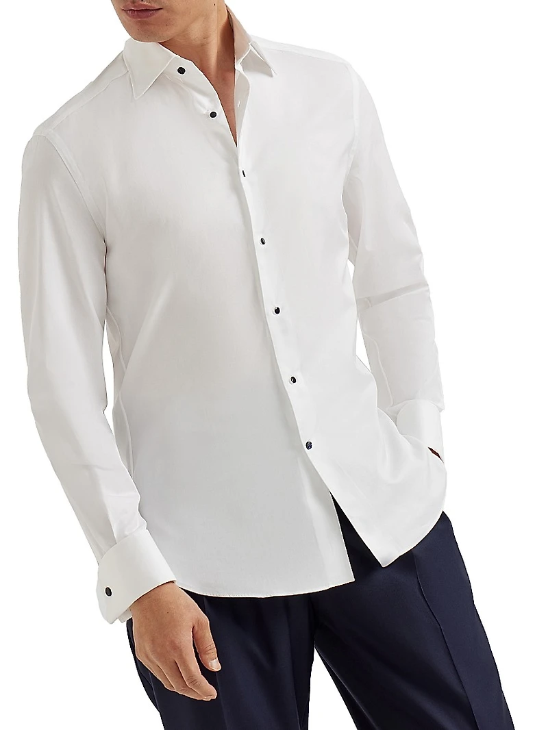 Cotton Twill Slim Fit Tuxedo Shirt with Spread Collar