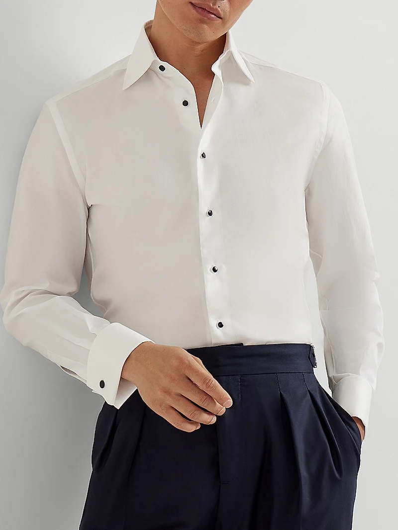 Cotton Twill Slim Fit Tuxedo Shirt with Spread Collar