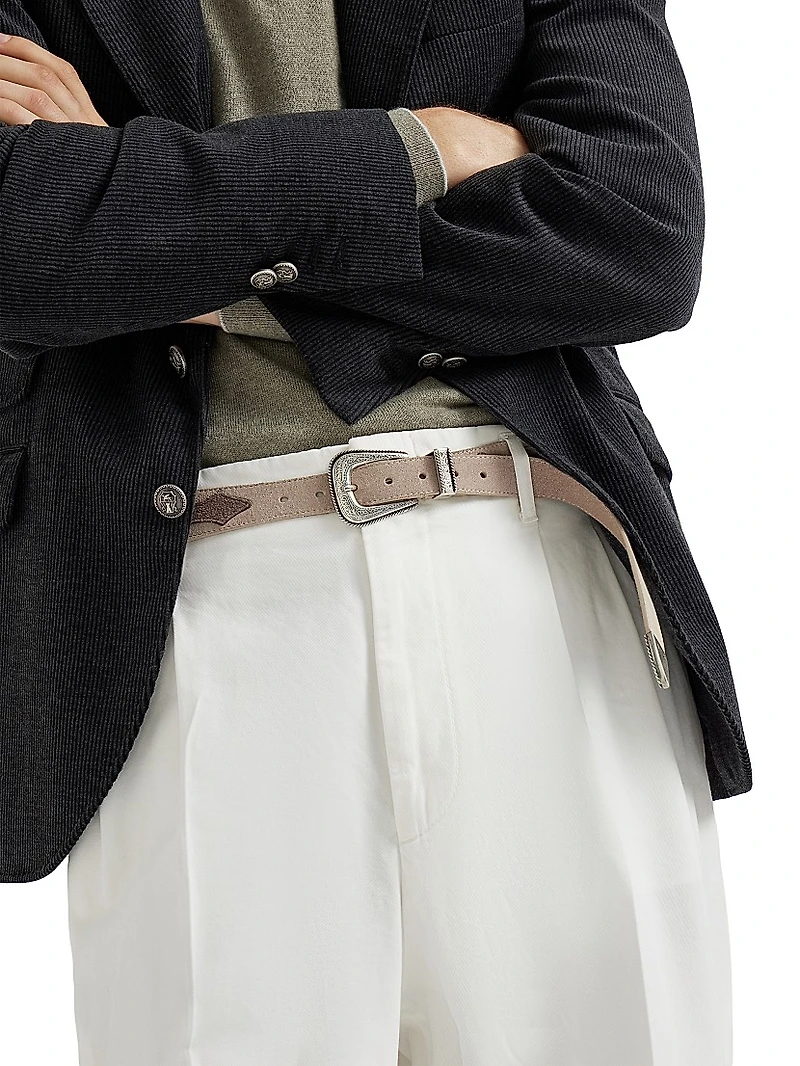 Two Tone Reversed Calfskin Belt with Detailed Buckle and Tip