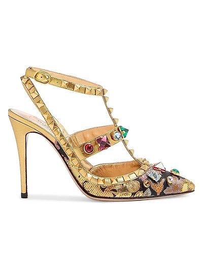 Rockstud 100MM Pumps with Straps Jacquard Apres L'hiver Fabric