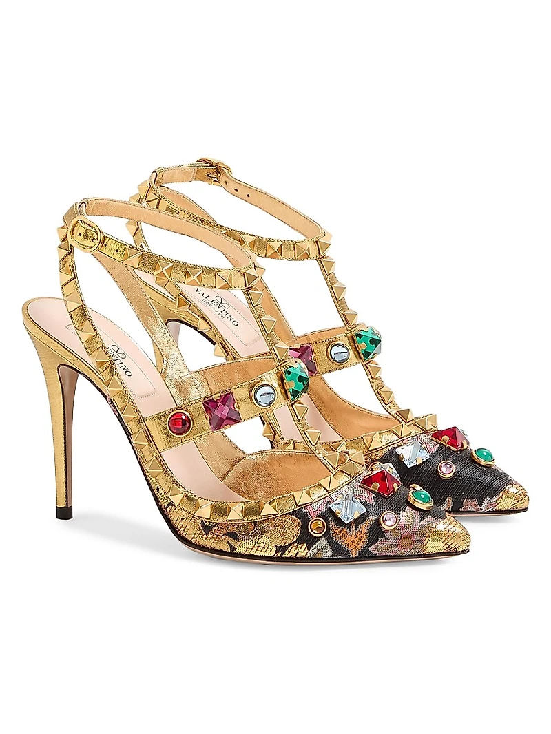Rockstud 100MM Pumps with Straps Jacquard Apres L'hiver Fabric