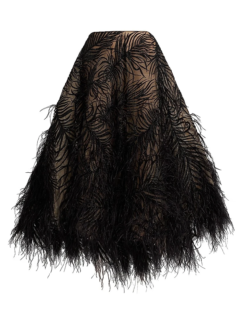 Beaded Feather-Embroidered A-Line Maxi Skirt