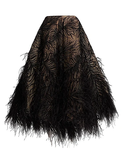 Beaded Feather-Embroidered A-Line Maxi Skirt