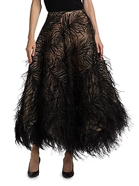 Beaded Feather-Embroidered A-Line Maxi Skirt