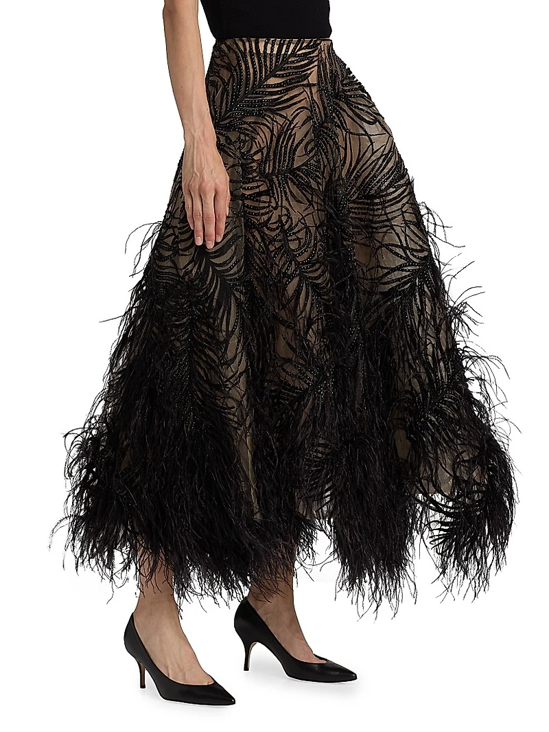 Beaded Feather-Embroidered A-Line Maxi Skirt