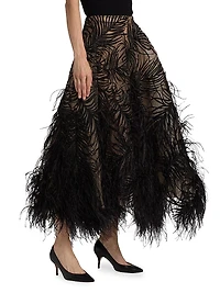 Beaded Feather-Embroidered A-Line Maxi Skirt